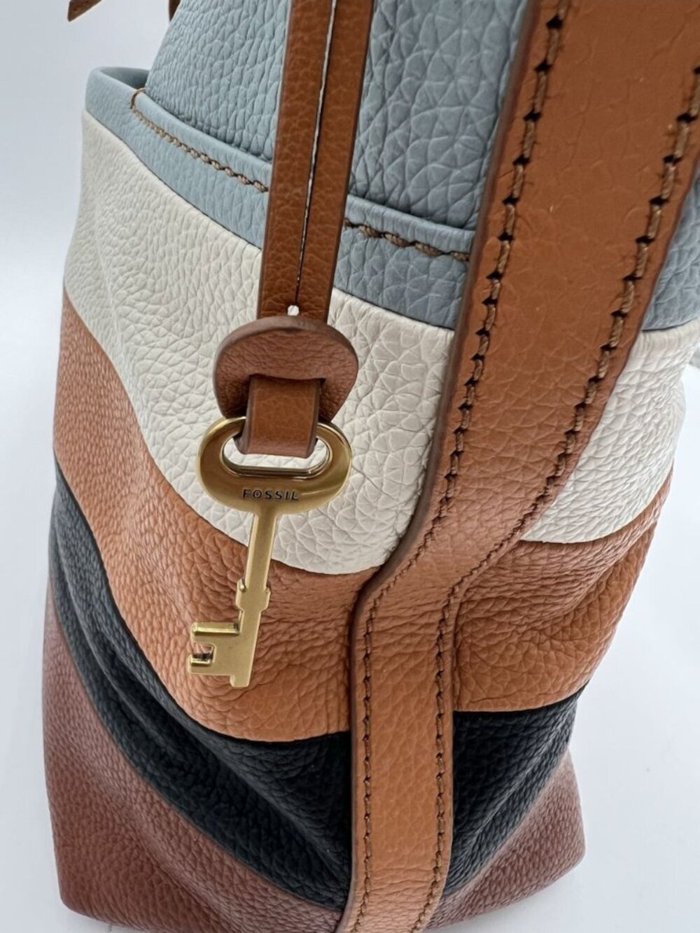 Fossil Julianna Hobo Bag Leather Colorblock Strip Shoulder Purse Key Charm EUC - Picture 11 of 16